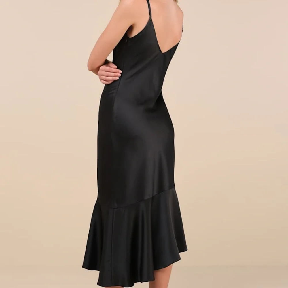 NWT Lulus Strictly Romance Black Satin Asymmetrical Tiered Midi Dress XL - Picture 2 of 7